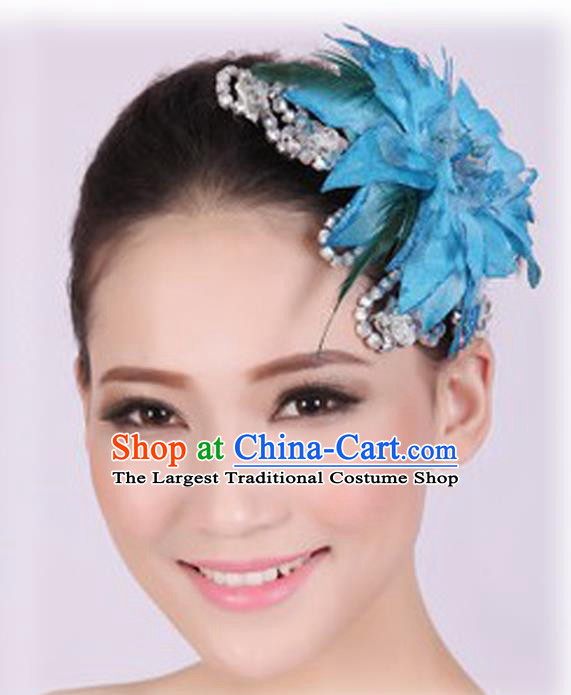Chinese Traditional Yangko Dance Blue Veil Peony Feather Hair Claw National Folk Dance Hair Accessories for Women