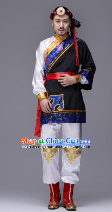Chinese Traditional Tibetan Ethnic Folk Dance Costume Zang Nationality Dance Black Clothing for Men