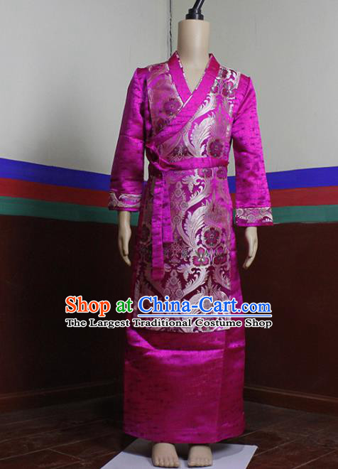 Chinese Traditional Tibetan Heishui Dance Rosy Dress Zang Nationality Ethnic Costume for Women