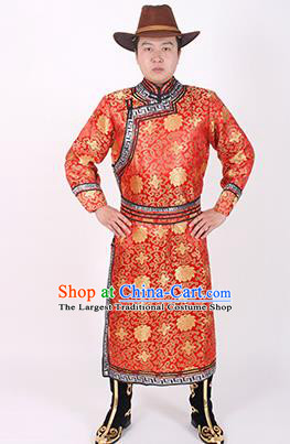 Chinese Traditional Mongol Ethnic Costume Nationality Red Brocade Mongolian Robe for Men