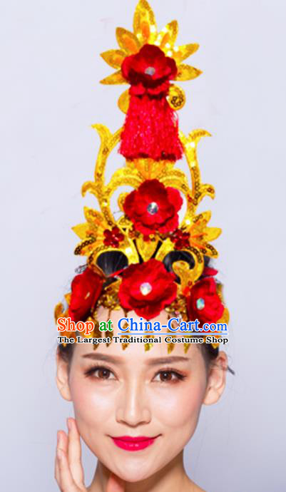 Chinese Traditional Folk Dance Hair Accessories Stage Performance Yangko Dance Red Flowers Headwear for Women