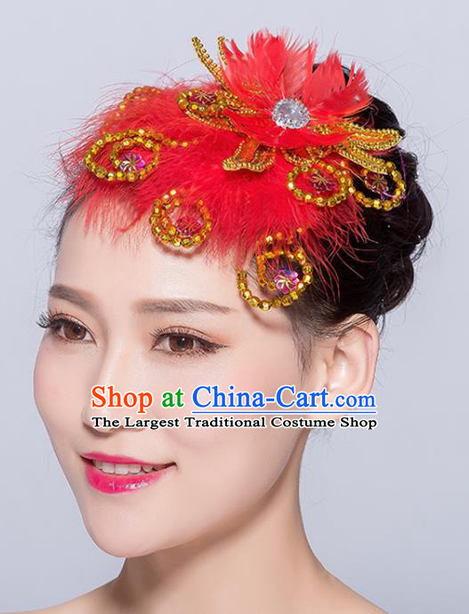 Chinese Traditional Folk Dance Red Feather Hair Accessories Stage Performance Yangko Dance Hair Stick for Women