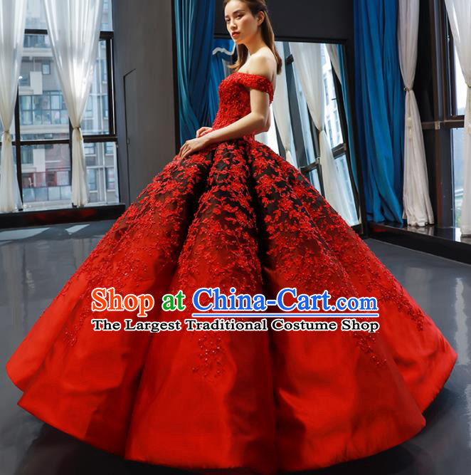 Top Grade Compere Red Full Dress Princess Embroidered Wedding Dress Costume for Women