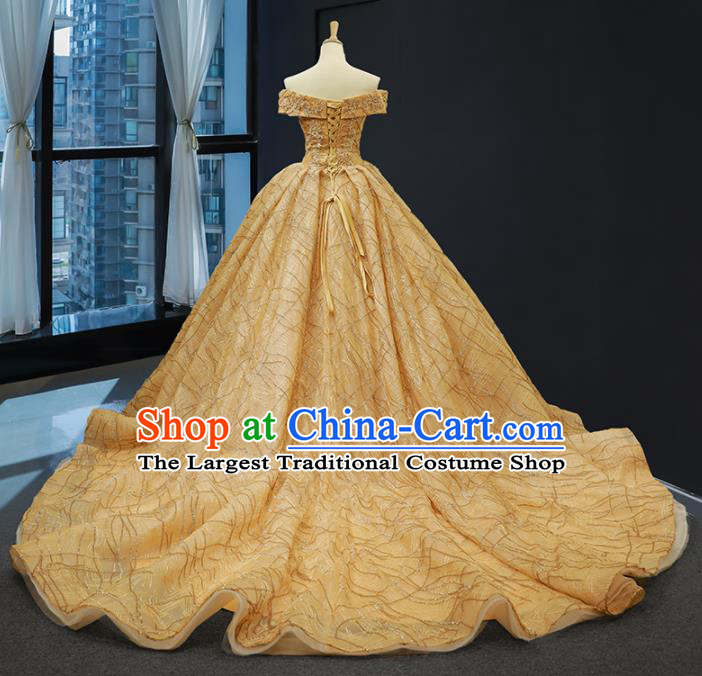 Top Grade Compere Golden Flat Shouders Full Dress Princess Wedding Dress Costume for Women