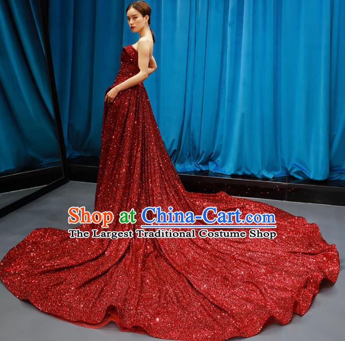 Top Grade Compere Strapless Full Dress Princess Red Paillette Trailing Wedding Dress Costume for Women