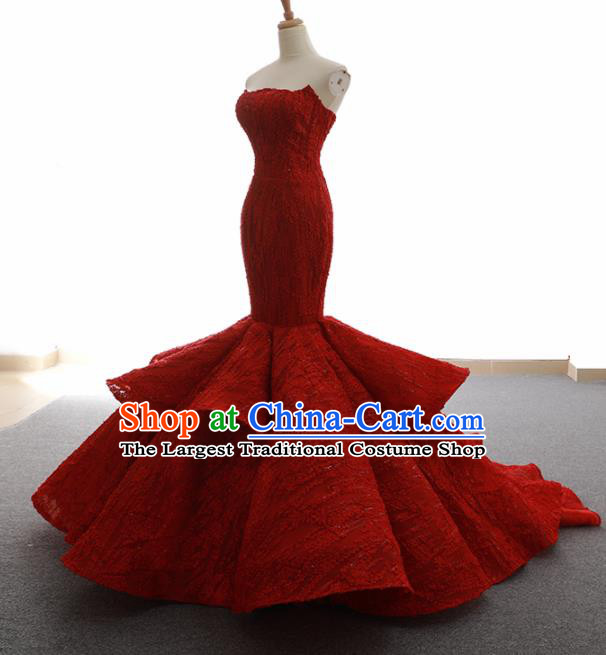 Top Grade Compere Fishtail Full Dress Princess Red Lace Wedding Dress Costume for Women