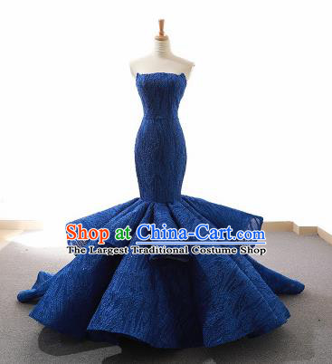 Top Grade Compere Fishtail Full Dress Princess Royalblue Lace Wedding Dress Costume for Women