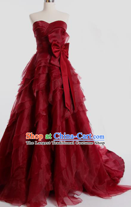 Top Grade Compere Wine Red Veil Full Dress Princess Trailing Wedding Dress Costume for Women