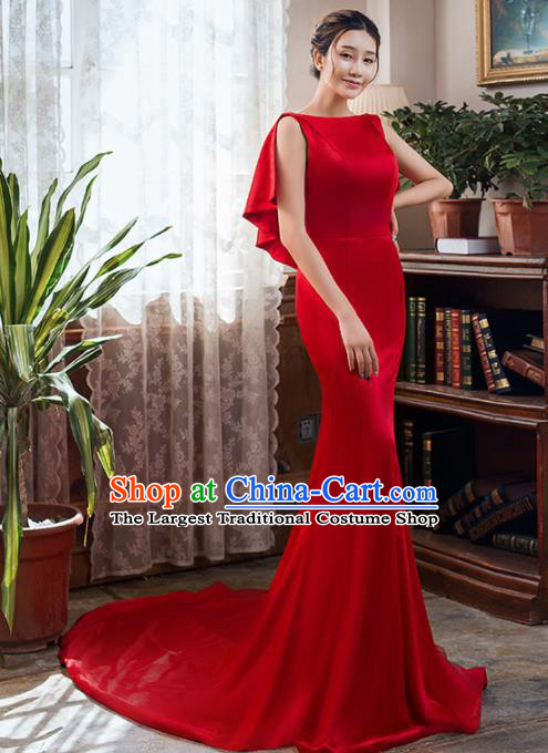 Top Grade Compere Red Satin Fishtail Full Dress Princess Wedding Dress Costume for Women