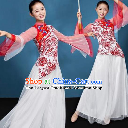 Chinese National Folk Dance Printing Red Peony Costume Traditional Yangko Dance Fan Dance Clothing for Women