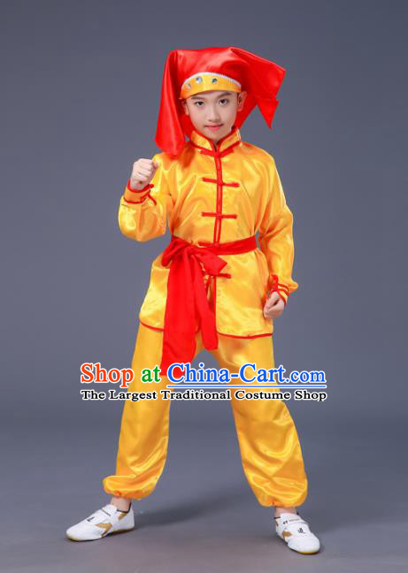 Chnese Traditional Folk Dance Costume Martial Arts Kung Fu Yellow Clothing for Kids