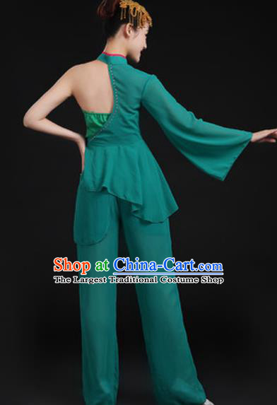Chinese National Folk Dance Deep Green Costume Traditional Yangko Dance Fan Dance Clothing for Women