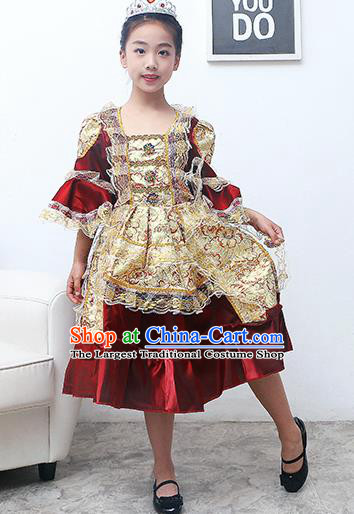Europe Traditional Court Princess Dance Costume Drama Stage Performance Wine Red Dress for Kids