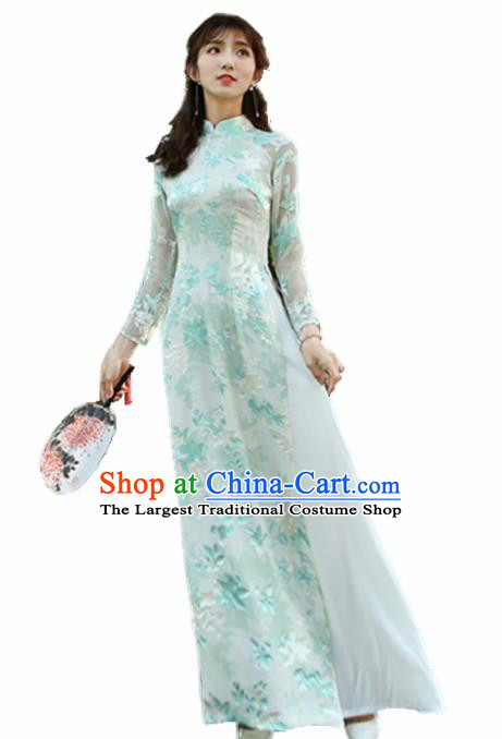 Asian Vietnam Traditional Printing Cheongsam Vietnamese Classical Aodai Qipao Dress for Women