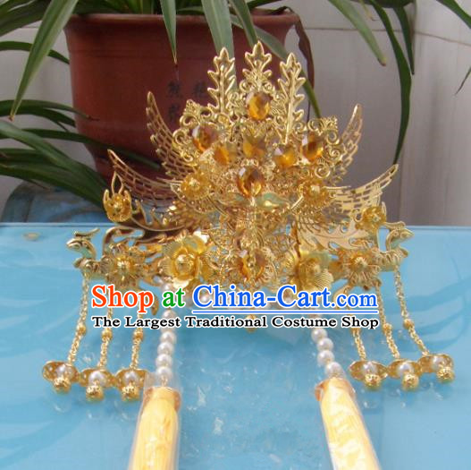 Chinese Traditional Goddess Yellow Crystal Phoenix Coronet Hairpins Ancient Princess Hair Accessories for Women