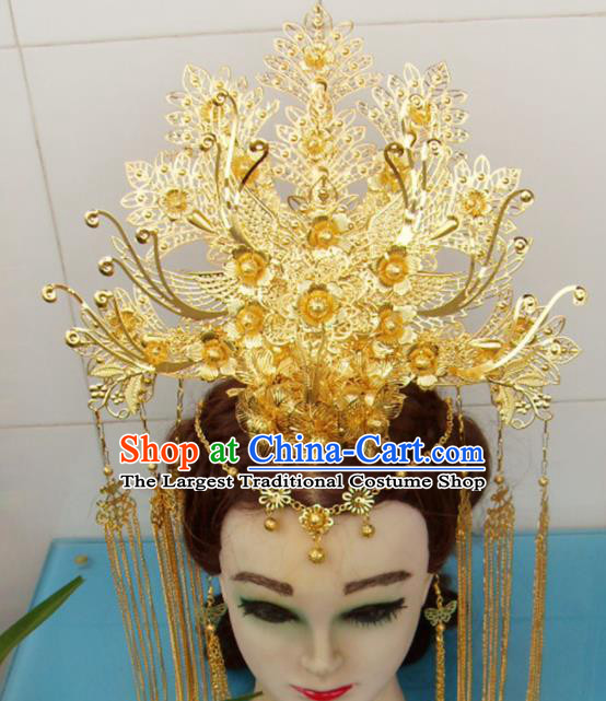 Chinese Traditional Goddess Golden Flowers Phoenix Coronet Hairpins Ancient Princess Hair Accessories for Women