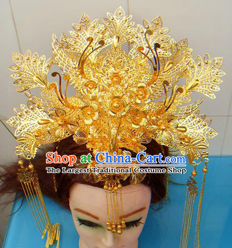 Chinese Traditional Goddess Golden Tassel Hairpins Phoenix Coronet Ancient Bride Hair Accessories for Women