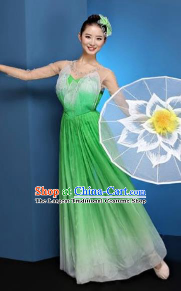 Chinese National Classical Dance Green Dress Traditional Lotus Dance Umbrella Dance Costume for Women