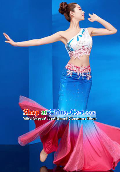 Chinese Traditional Ethnic Folk Dance Royalblue Dress Dai Nationality Peacock Dance Costume for Women