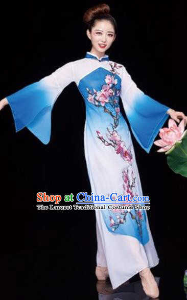 Chinese National Classical Dance Umbrella Dance Blue Dress Traditional Lotus Dance Costume for Women