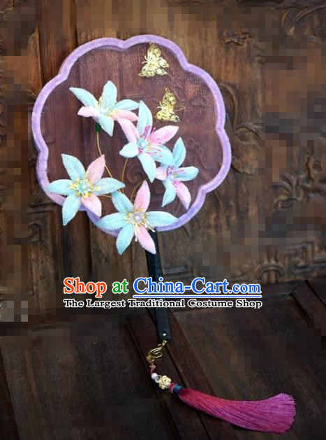 Chinese Traditional Palace Fans Ancient Queen Velvet Flowers Round Fans for Women
