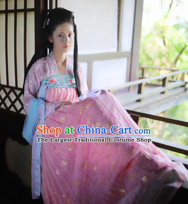 Chinese Traditional Tang Dynasty Princess Pink Hanfu Dress Ancient Peri Goddess Embroidered Historical Costume for Women