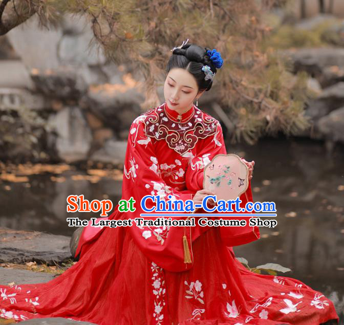 Chinese Traditional Ming Dynasty Wedding Historical Hanfu Dress Ancient Palace Princess Red Embroidered Costume for Women