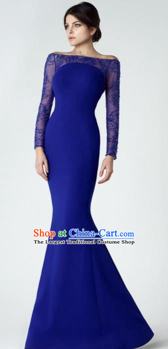Top Grade Compere Costume Deep Blue Full Dress Modern Dance Princess Wedding Dress for Women