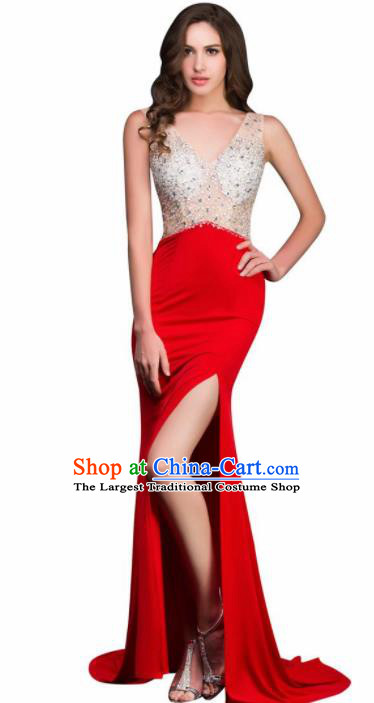 Top Grade Red Evening Dress Compere Modern Fancywork Costume for Women
