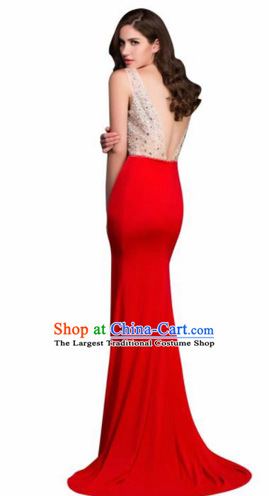 Top Grade Red Evening Dress Compere Modern Fancywork Costume for Women