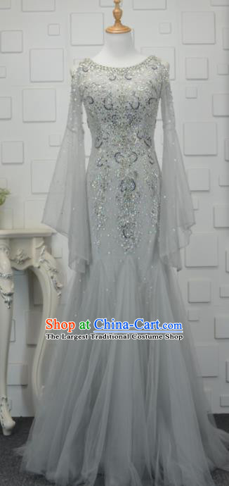 Professional Compere Grey Veil Fishtail Full Dress Top Grade Modern Dance Costume Princess Wedding Dress for Women