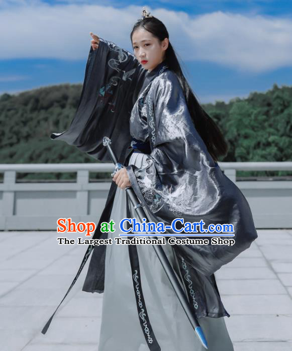 Traditional Chinese Jin Dynasty Embroidered Historical Costume Ancient Swordswoman Hanfu Dress for Women