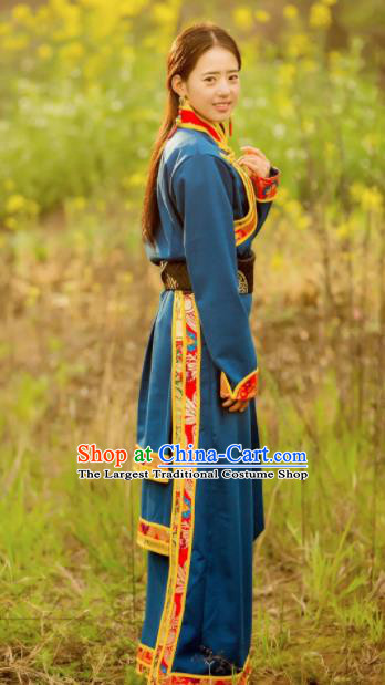 Chinese Traditional Tibetan Ethnic Female Blue Dress Zang Nationality Heishui Dance Costume for Women