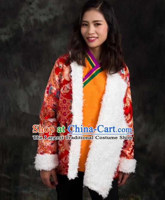 Chinese Traditional Ethnic Female Red Brocade Tibetan Jacket Zang Nationality Heishui Dance Costume for Women