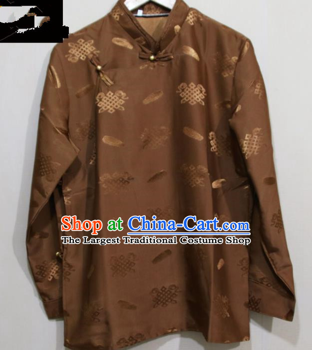 Chinese Traditional Tibetan Brown Shirt Zang Nationality Ethnic Folk Dance Costume for Men