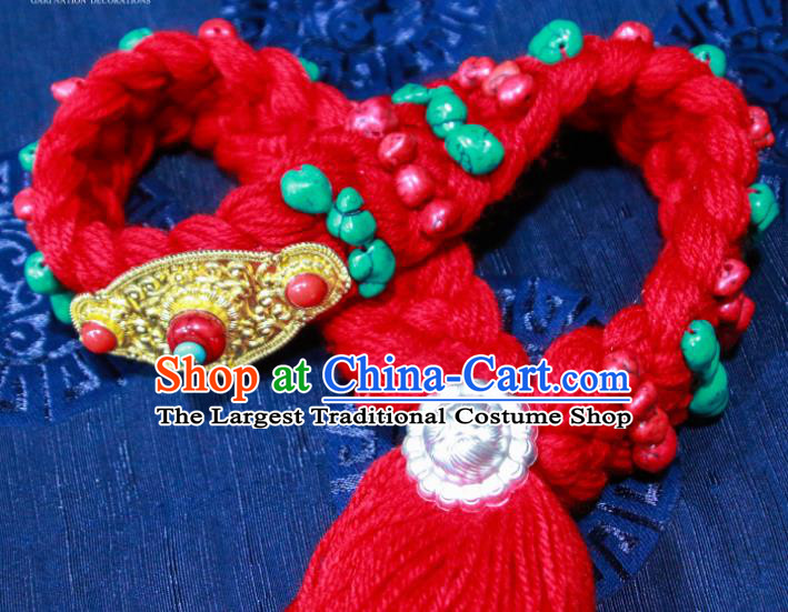 Chinese Traditional Ethnic Tibetan Hair Accessories Zang Nationality National Red Woolen Yarn Hair Clasp for Women