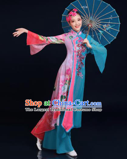 Traditional Chinese Classical Dance Blue Dress Umbrella Dance Fan Dance Costume for Women