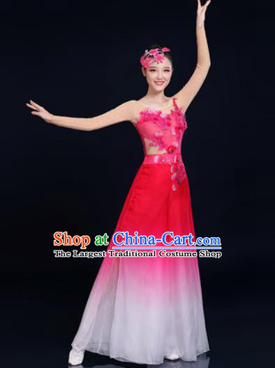 Traditional Chinese Classical Dance Rosy Dress Umbrella Dance Fan Dance Costume for Women