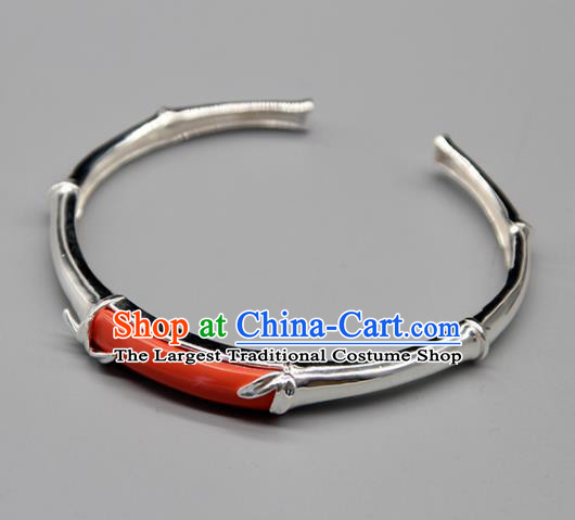 Chinese Traditional Tibetan Ethnic Coral Stone Bracelet Accessories Handmade Zang Nationality Sliver Bangle for Women