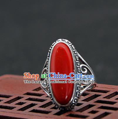 Chinese Traditional Ethnic Red Rings Handmade Tibetan Nationality Sliver Finger Ring for Women