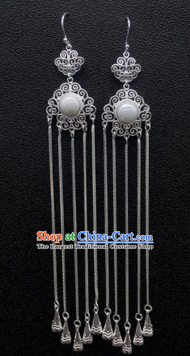Traditional Chinese Mongolian Ethnic Sliver Tassel Earring Mongol Nationality Pearl Ear Accessories for Women