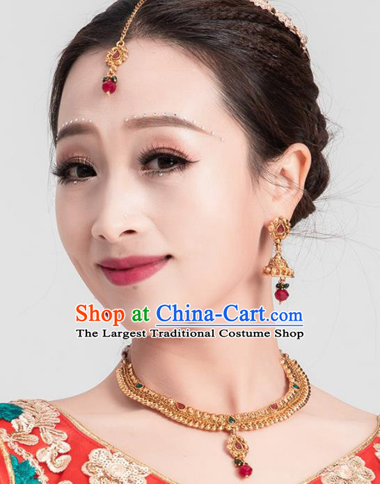 Asian India Traditional Jewelry Accessories Red Crystal Hair Clasp Necklace and Earrings for Women