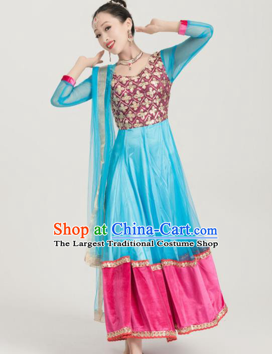 Asian India Traditional Sari Bollywood Belly Dance Costumes South Asia Indian Princess Blue Dress for Women
