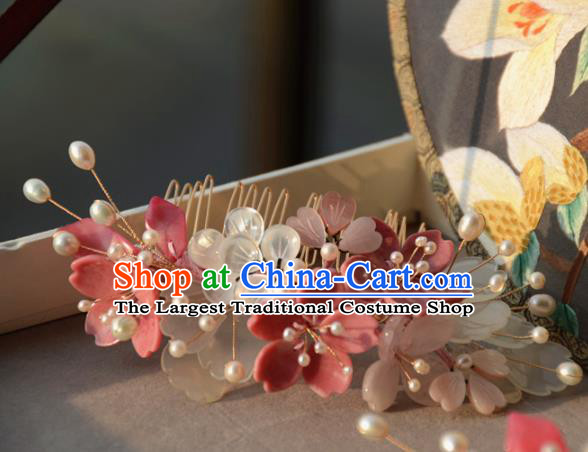 Traditional Chinese Hanfu Hair Accessories Ancient Princess Pink and White Flowers Hair Comb for Women