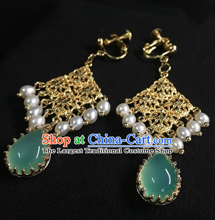 Traditional Chinese Hanfu Accessories Ancient Princess Pearls Green Agate Earrings for Women