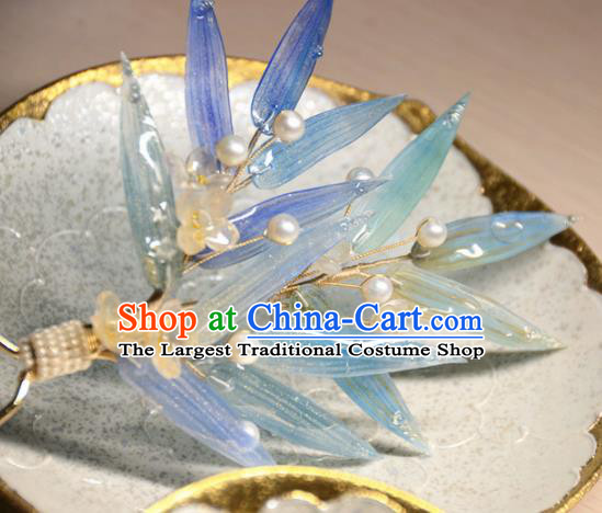 Traditional Chinese Hanfu Hair Accessories Ancient Princess Blue Bamboo Leaf Hairpins for Women