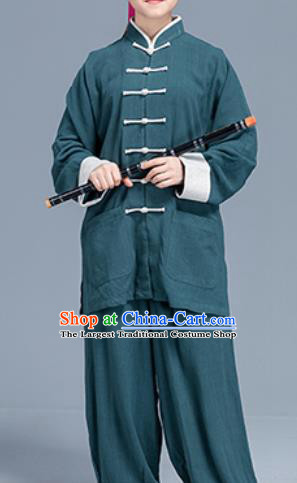 Asian Chinese Traditional Martial Arts Green Linen Costume Tai Ji Kung Fu Training Uniform for Women
