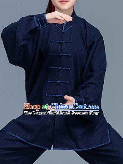 Asian Chinese Traditional Martial Arts Costume Tai Ji Kung Fu Training Navy Uniform for Women
