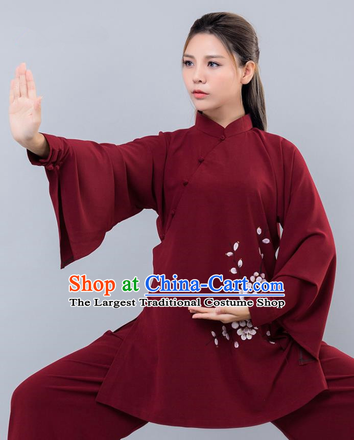 Asian Chinese Martial Arts Traditional Kung Fu Printing Wine Red Costume Tai Ji Training Group Competition Uniform for Women