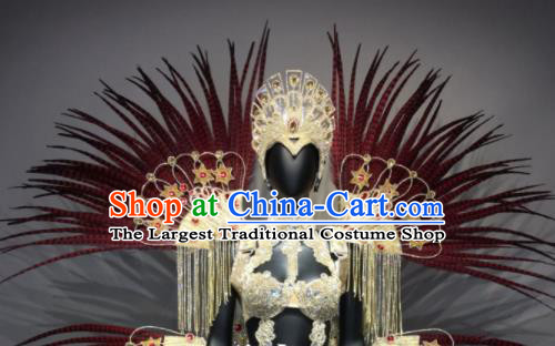 Top Grade Halloween Stage Performance Props Brazilian Carnival Wine Red Feather Wings and Headwear for Women